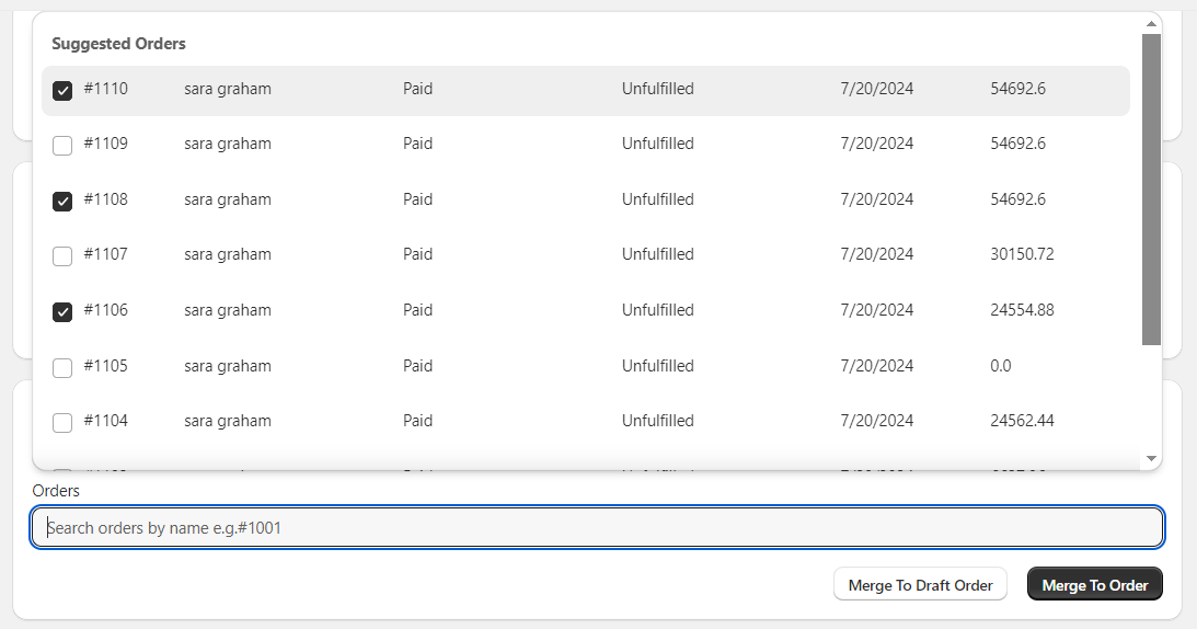 Dashboard orders selection input