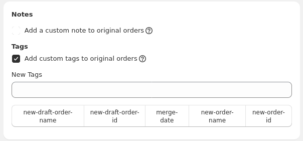 Original Order Settings notes and tags